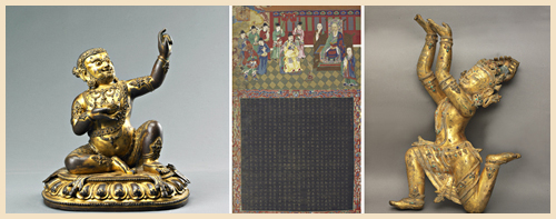 （左起）明永樂〈銅鍍金毗瓦巴像〉 明萬曆〈水陸緣起圖〉 14～15世紀〈銅鍍金龍王像〉