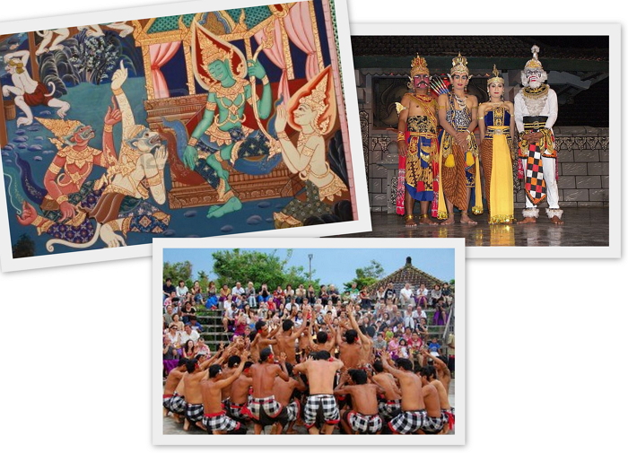(左上：羅摩衍那插圖。右上：印尼的傳統舞蹈羅摩衍那。中下：巴里島的kecek舞。)
