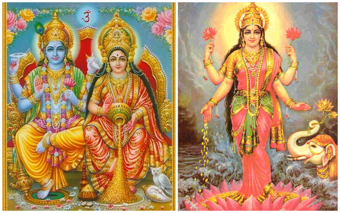 (左圖：宇宙保護之神毘濕奴與太太吉祥女神。 右圖：吉祥女神的形象)